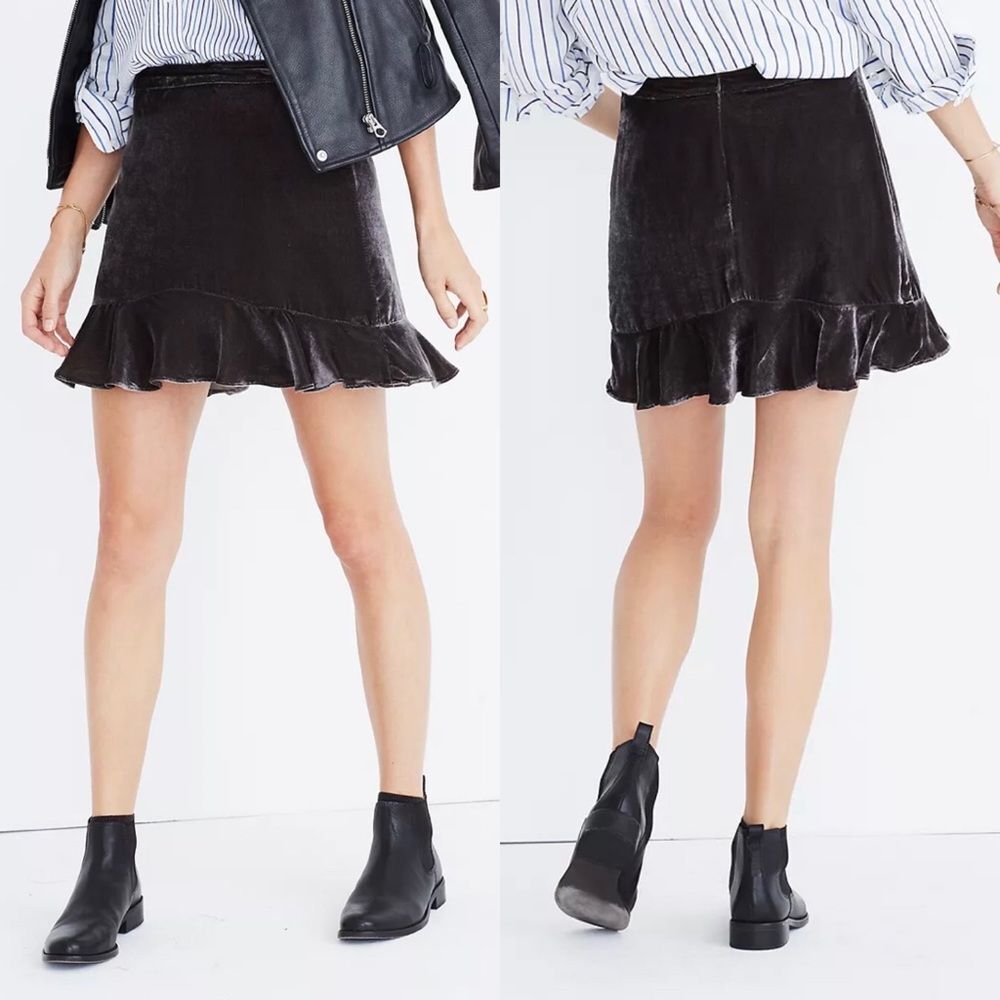 Madewell Crushed Velvet Ruffle-Edge Boho Mini Skirt Taupe Brown 0 - Picture 3 of 13